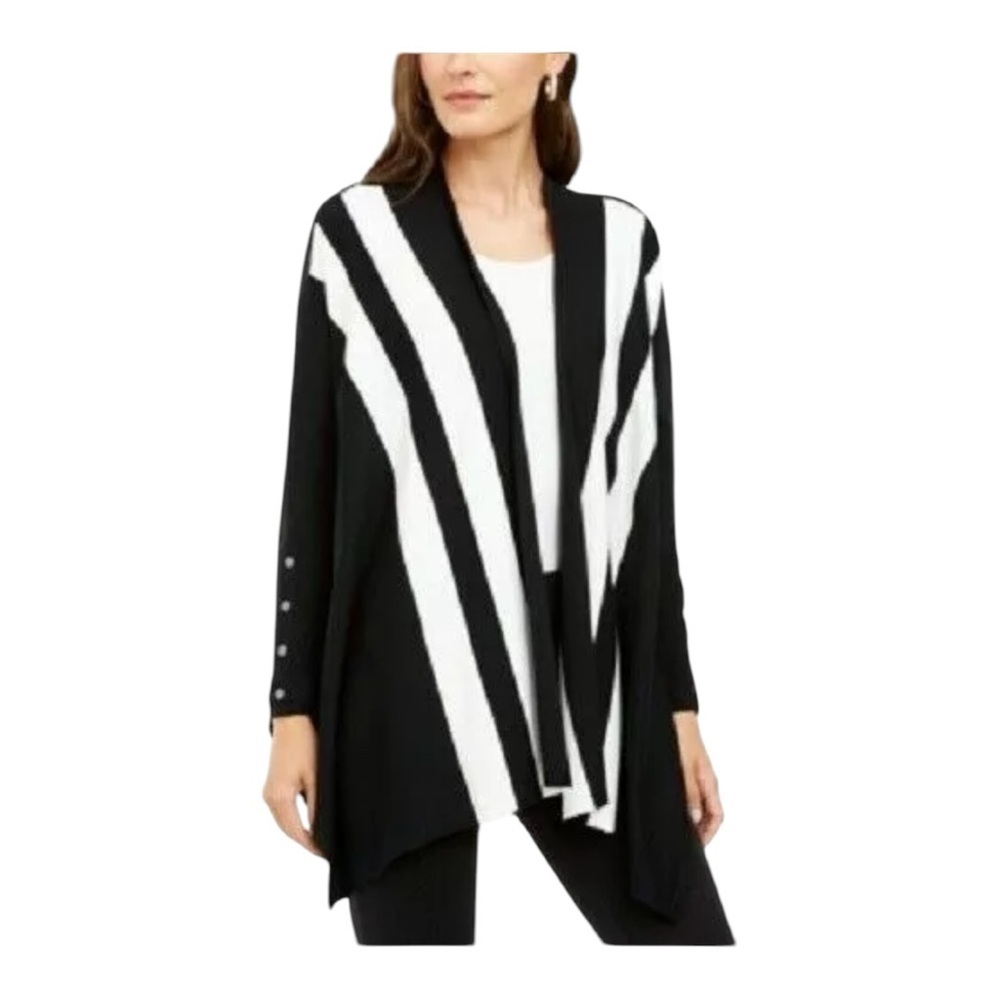 Alfani Striped Long Sleeve Open-Front Cardigan Women’s SZ Small Black White
